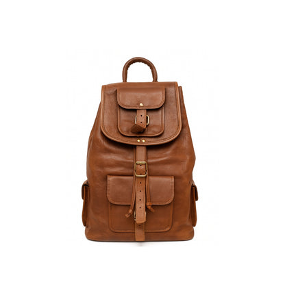 Brown leather backpack on a white background