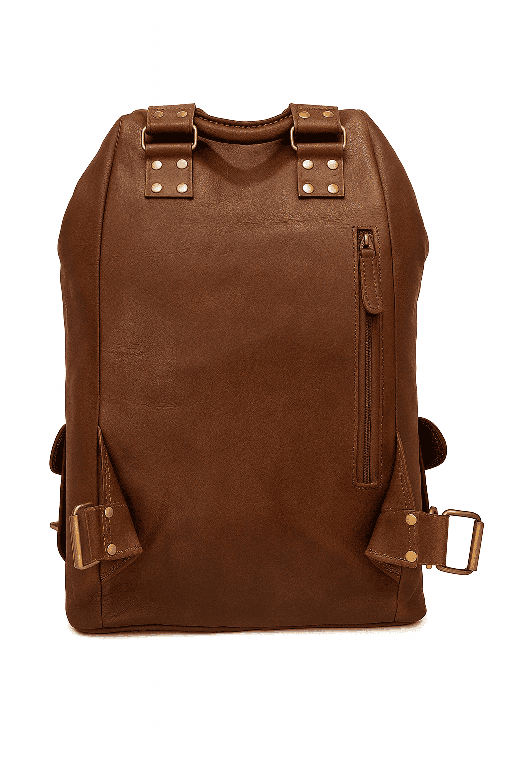 Brown leather backpack with gold accents on a white background