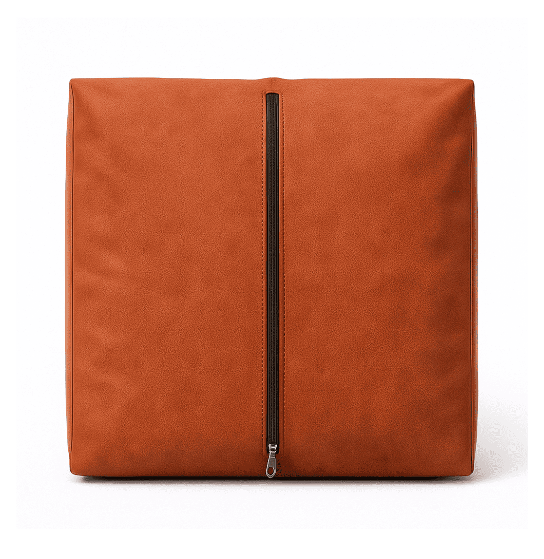 Brown leather bag with a black zipper on a white background Shop PU Leather Ottoman | Affordable & Elegant Seating