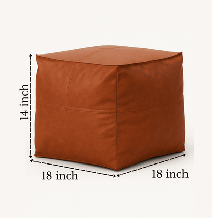 Brown cube-shaped ottoman with dimensions labeled on a white background