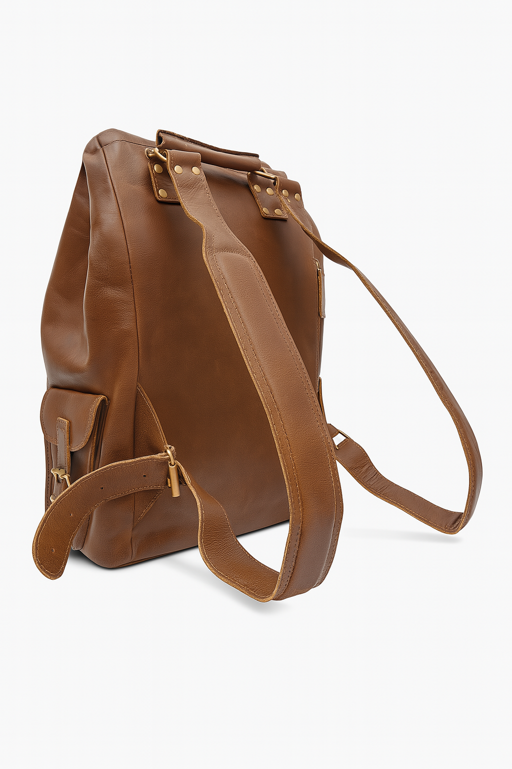 Brown leather backpack on a white background