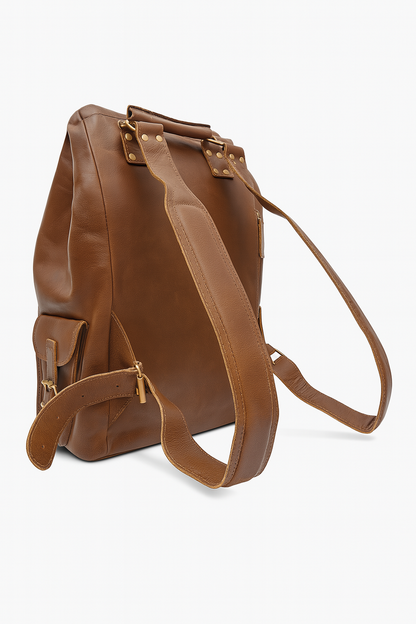 Brown leather backpack on a white background