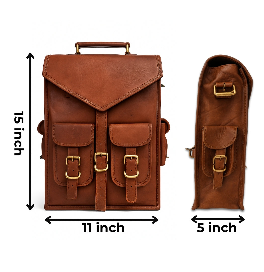 Brown leather backpack with dimensions indicated on a white background