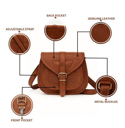 Brown leather bag with features labeled on a white background