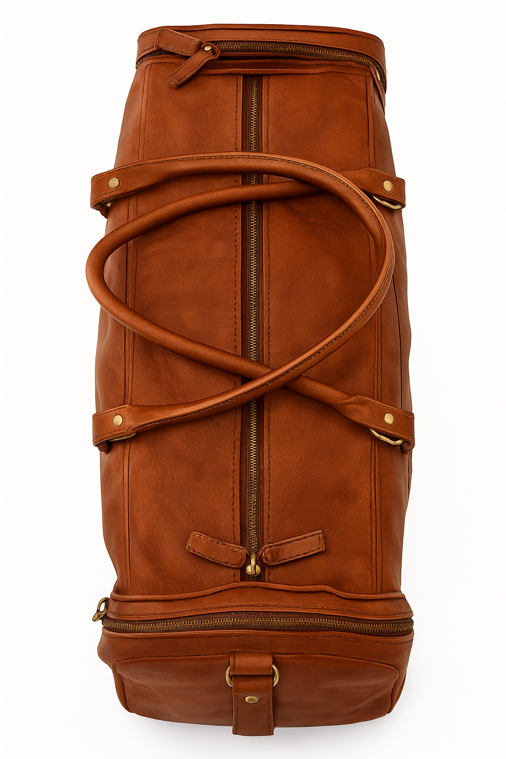 Brown leather duffel bag with gold zippers on a white background

