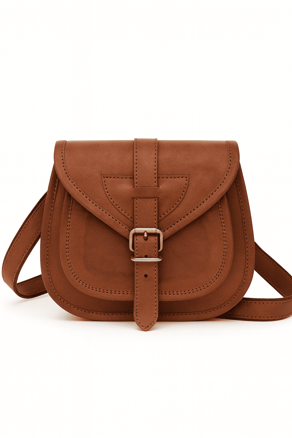 Brown leather saddle bag with a buckle on a white background