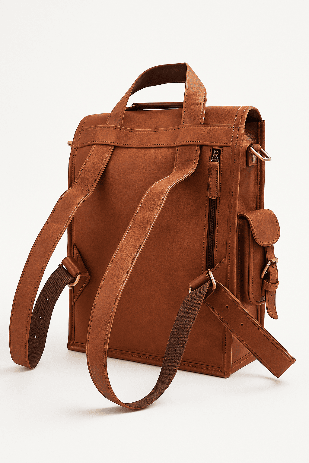 Brown leather backpack on a white background