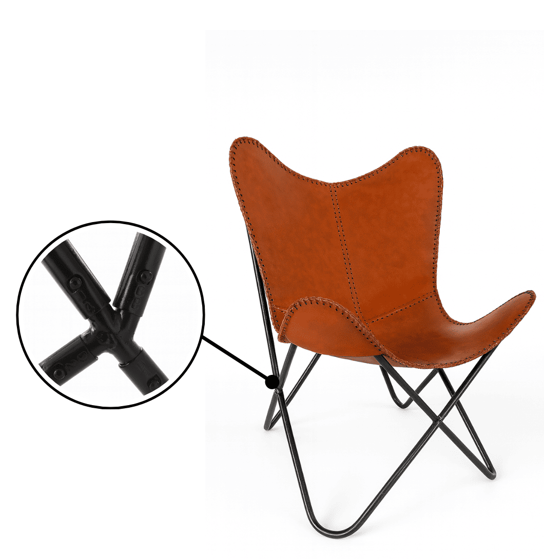 Brown leather butterfly chair with black metal legs on a white background with cross connector Buy Vintage Leather Butterfly Chair for Home & Lounge | Twara