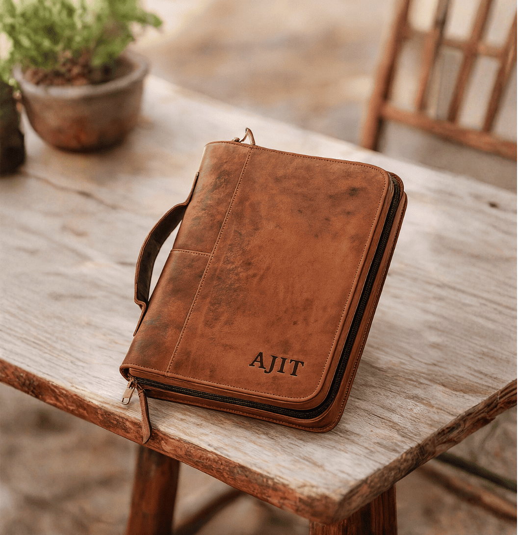 Brown leather briefcase with 'AJIT' monogram on a wooden table