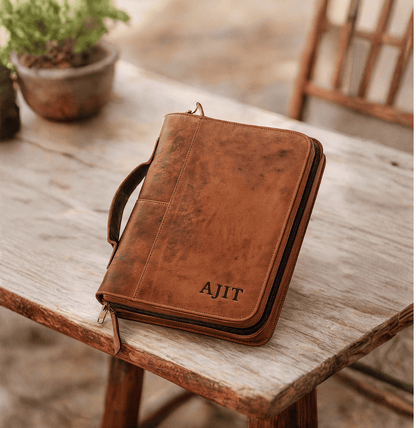 Brown leather briefcase with 'AJIT' monogram on a wooden table