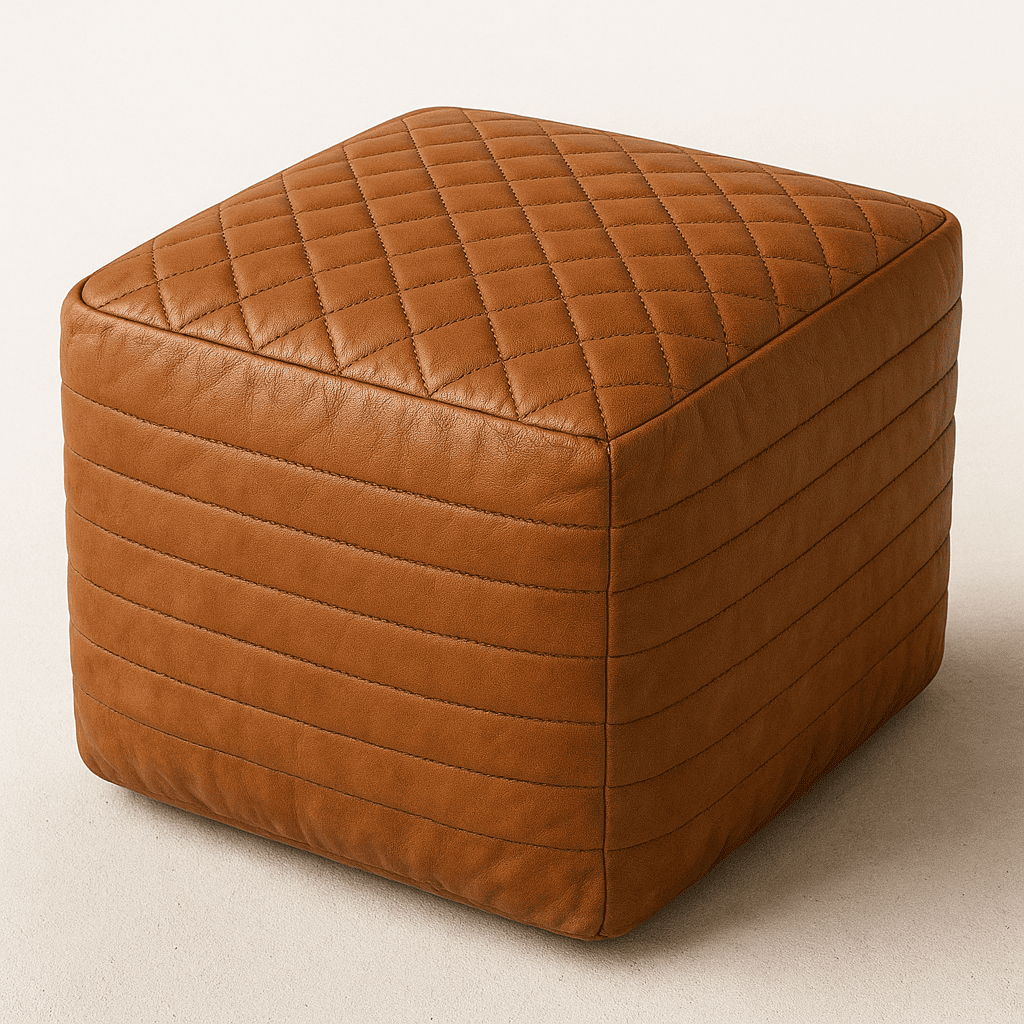 Brown quilted cube ottoman on a beige background