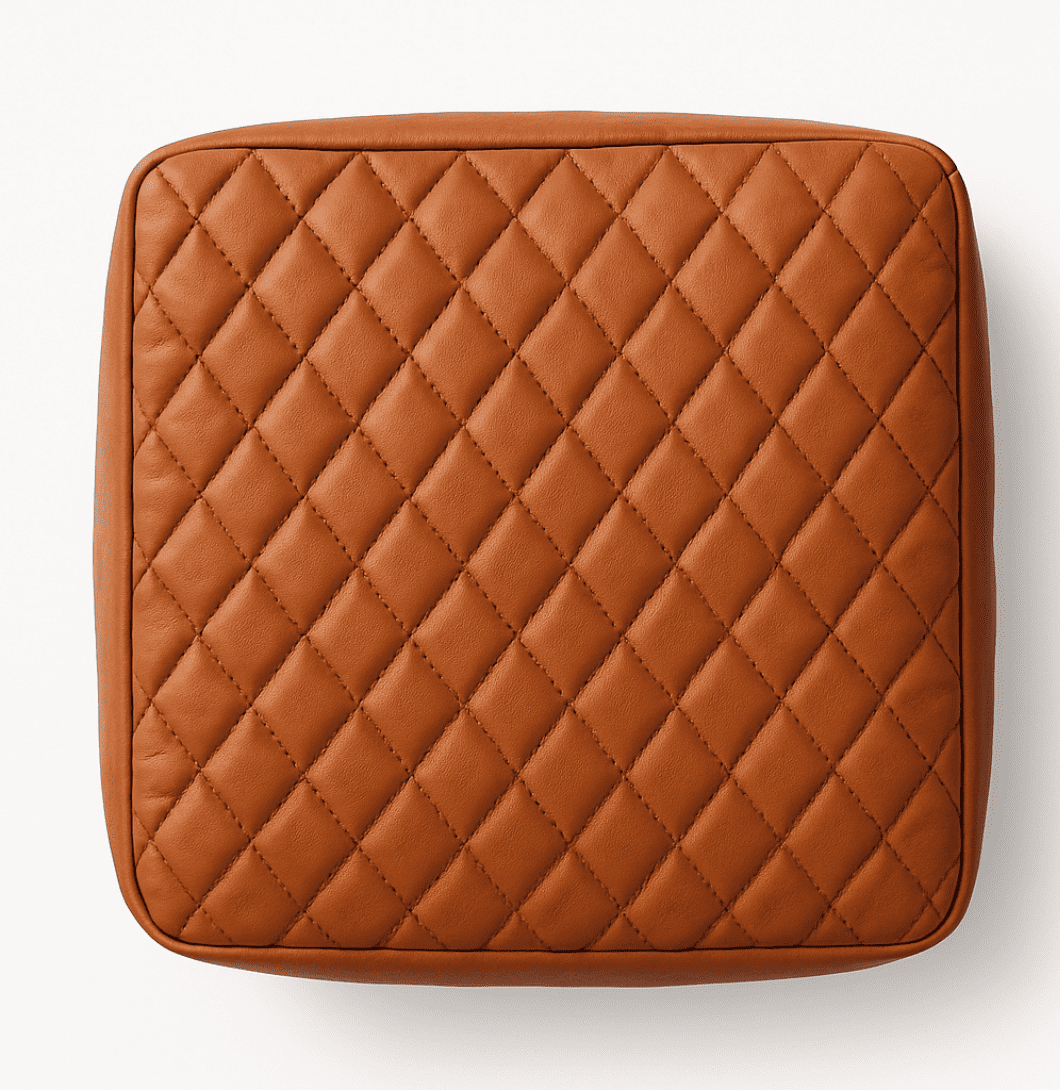 Quilted brown leather pouch on a white background, Buy 16 Inch Designer Leather Pouf Online | Handcrafted Luxury Seating