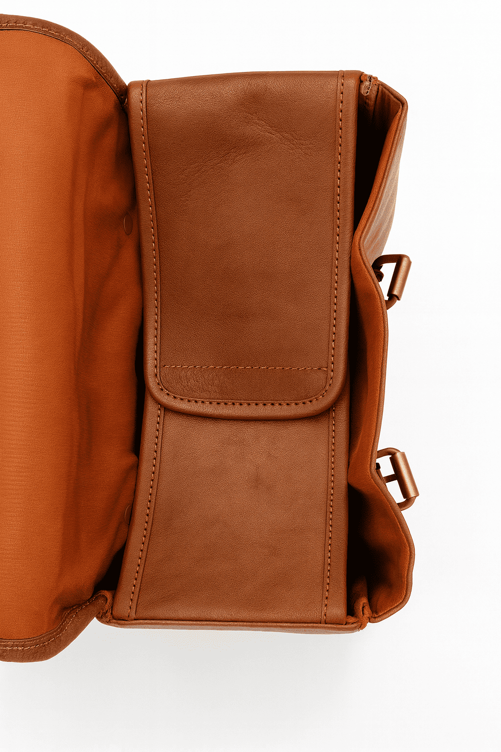 Brown leather bag with a flap on a white background
