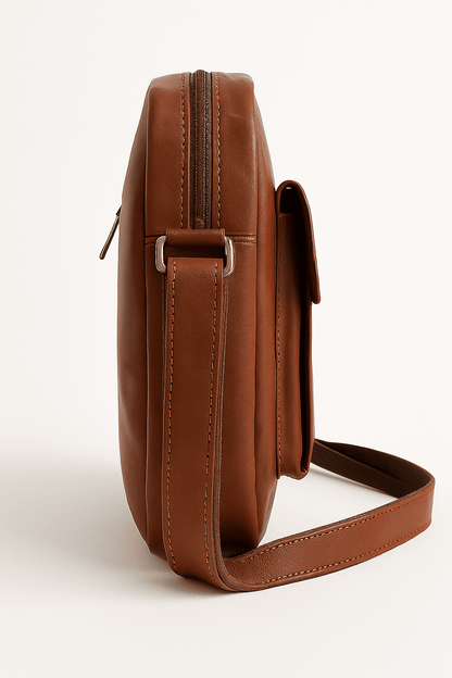 Brown leather crossbody bag on a light beige background